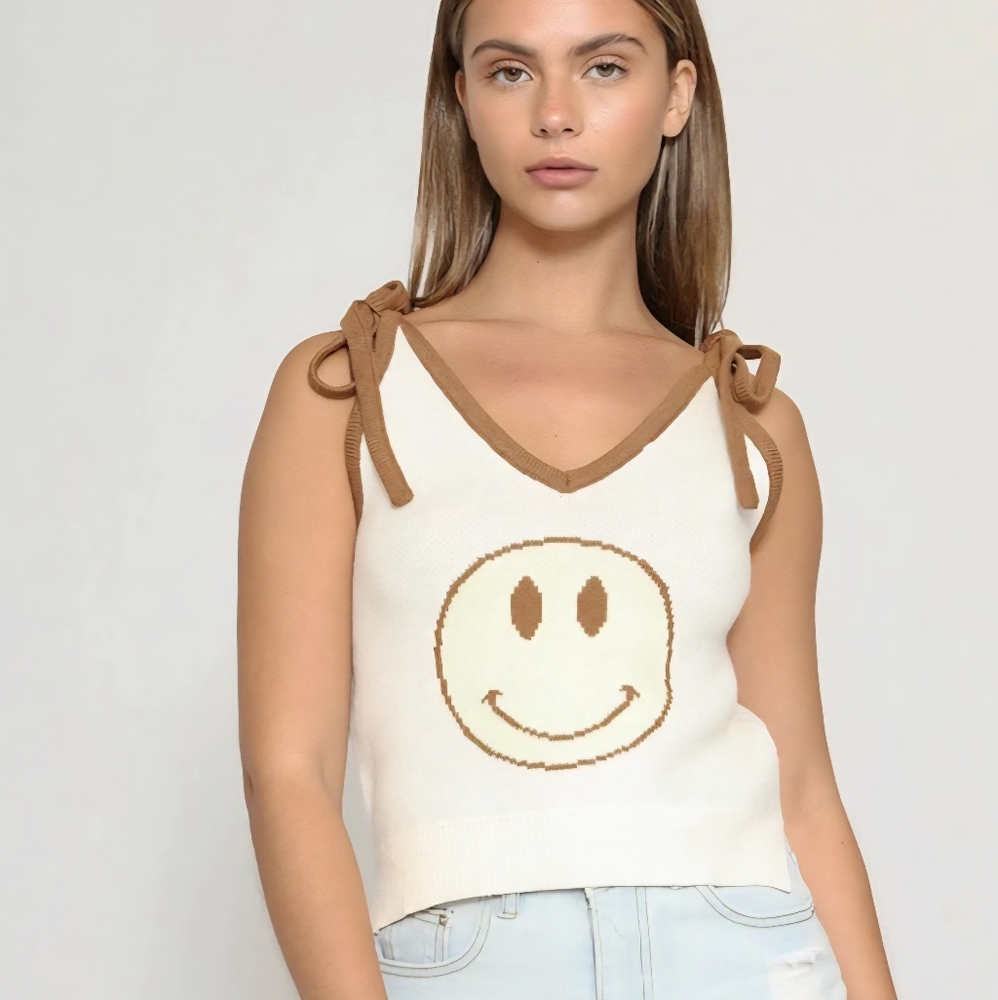 Miss Sparkling Smiley Face Knit Tank  Size Large NWOT Tie Shoulder Sweater Cami
